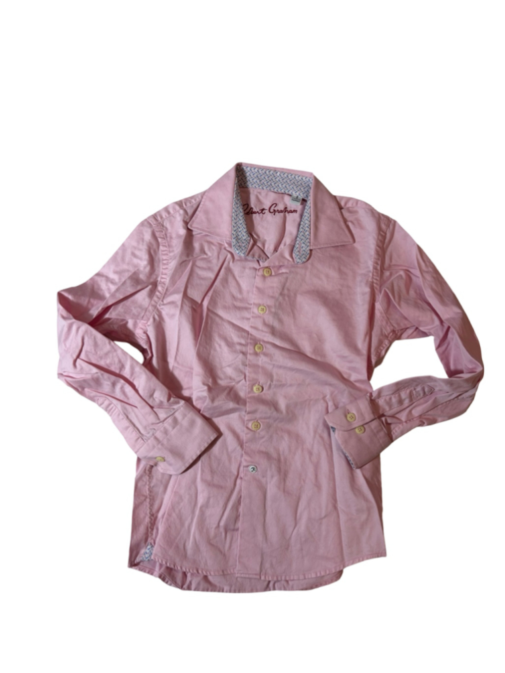 Robert Graham Boys Dress Shirt Pink Button Front Floral Trim Size 8 Small